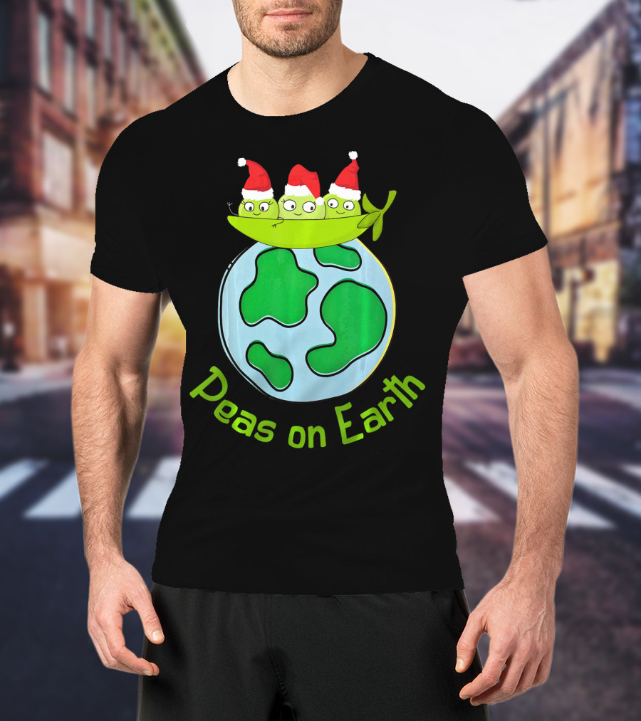 Christmas Peas On Earth With Santa Hat Vegetables On Globe T-Shirt