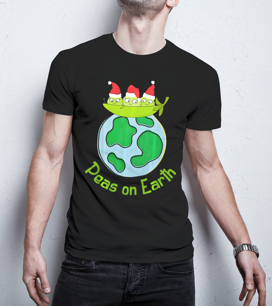 Christmas Peas On Earth With Santa Hat Vegetables On Globe T-Shirt
