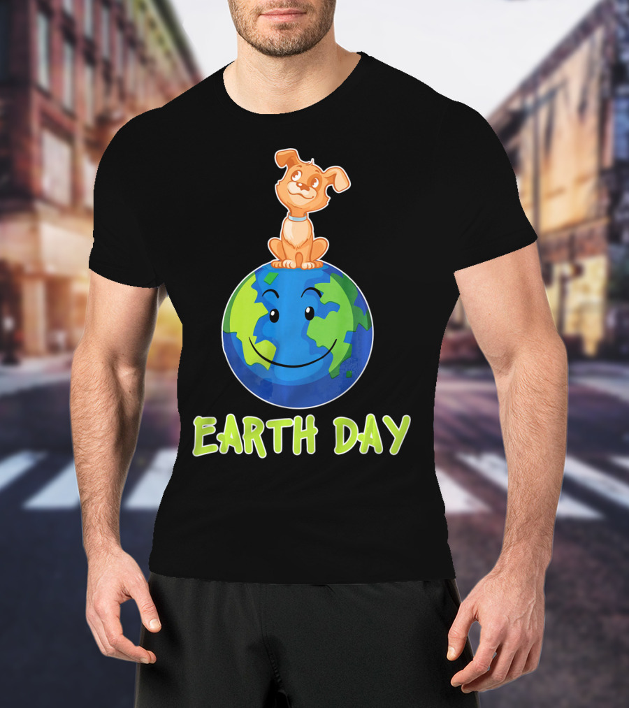 Earth Day Dog On Smiling Planet Earth T-Shirt