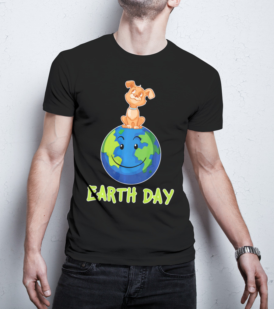 Earth Day Dog On Smiling Planet Earth T-Shirt