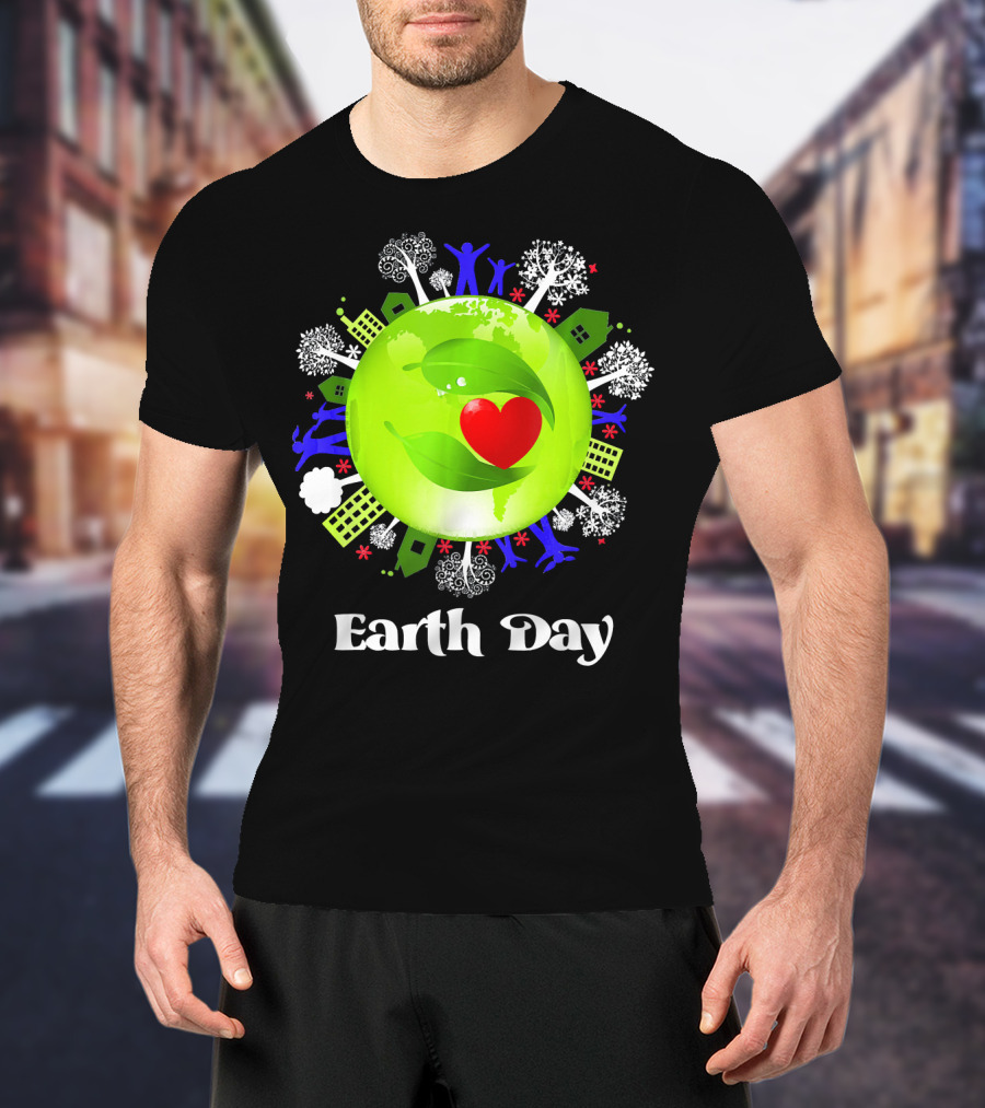 Earth Day Planet Earth Love With Leaf And Heart T-Shirt