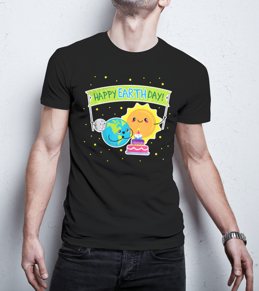 Happy Earth Day Cute Earth Sun Moon Cake T-Shirt