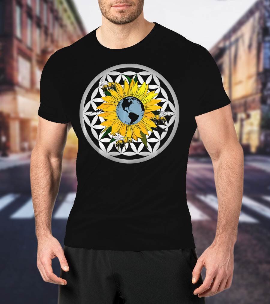 Sunflower Earth With Flower Of Life And Bees T-Shirt