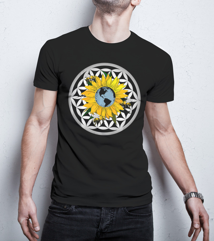 Sunflower Earth With Flower Of Life And Bees T-Shirt