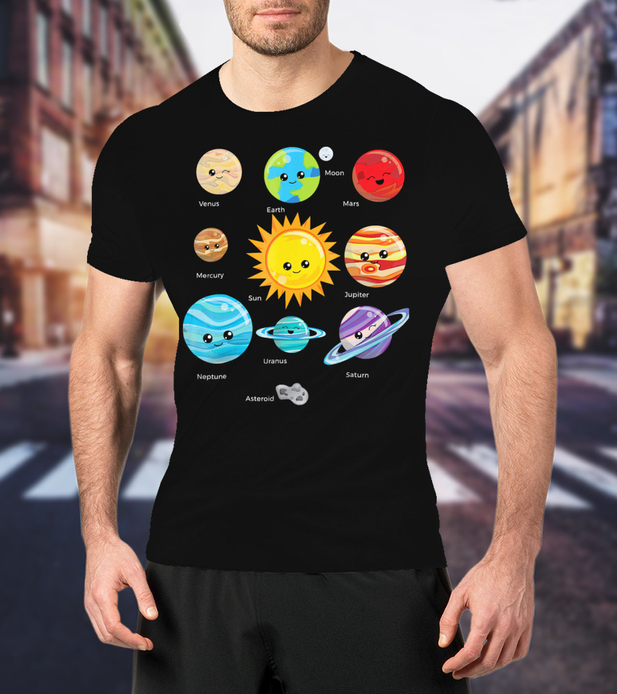 Solar System Planets Earth Moon Sun Venus Mars Mercury Jupiter Neptune Uranus Saturn Asteroid Cartoon T-Shirt