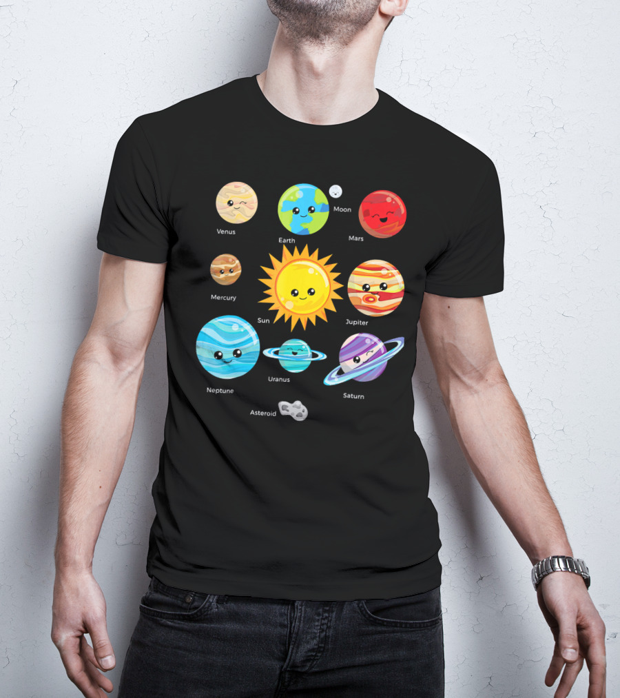 Solar System Planets Earth Moon Sun Venus Mars Mercury Jupiter Neptune Uranus Saturn Asteroid Cartoon T-Shirt