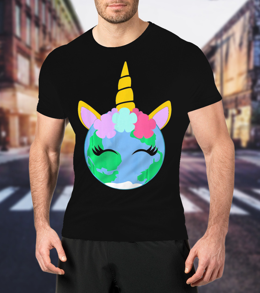 Unicorn Earth Cute Unicorn Face Earth With Flowers And Horn T-Shirt