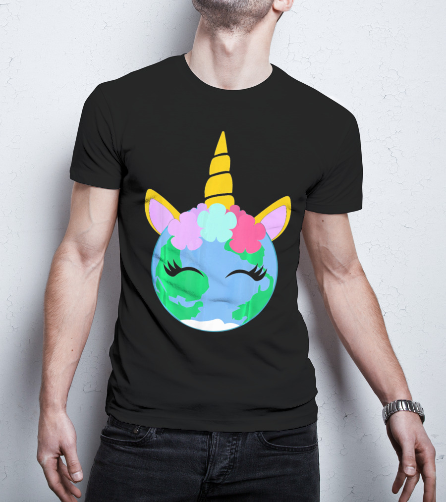 Unicorn Earth Cute Unicorn Face Earth With Flowers And Horn T-Shirt