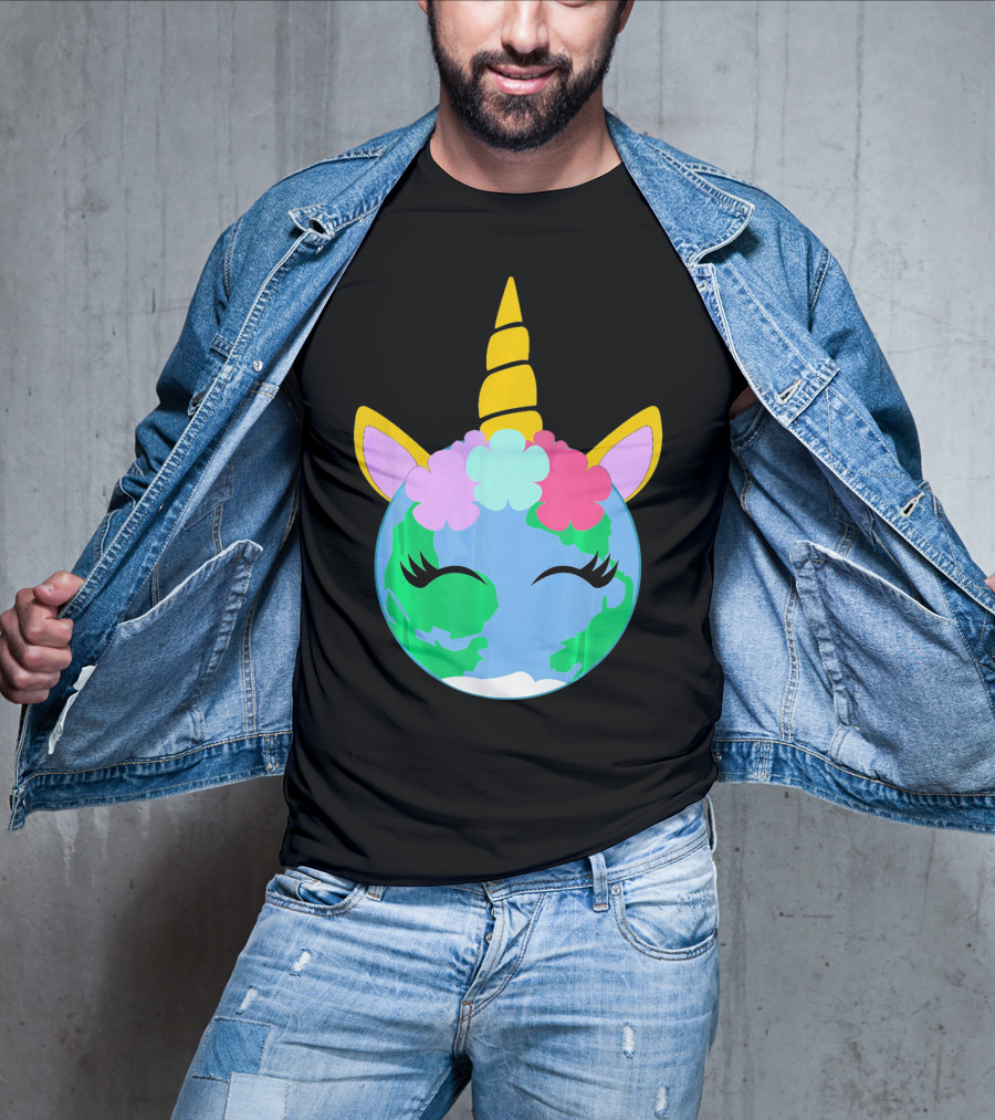 Unicorn Earth Cute Unicorn Face Earth With Flowers And Horn T-Shirt