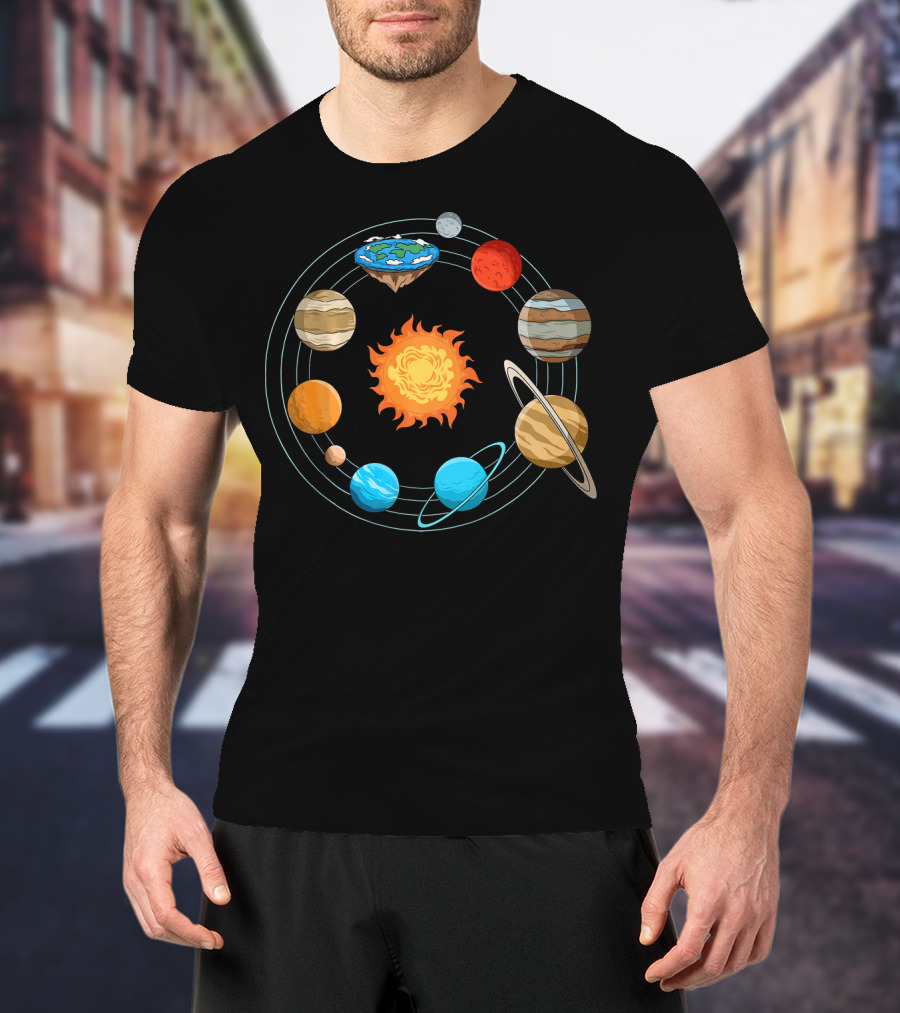 Flat Earth Joke Flat Earthers Solar System With Planets Orbiting Earth As A Disk T-Shirt