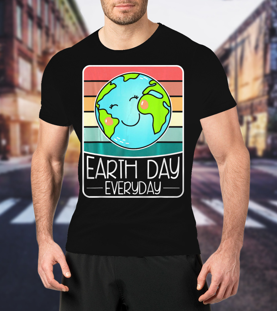 Earth Day Everyday Smiling Earth On Retro Stripes T-Shirt