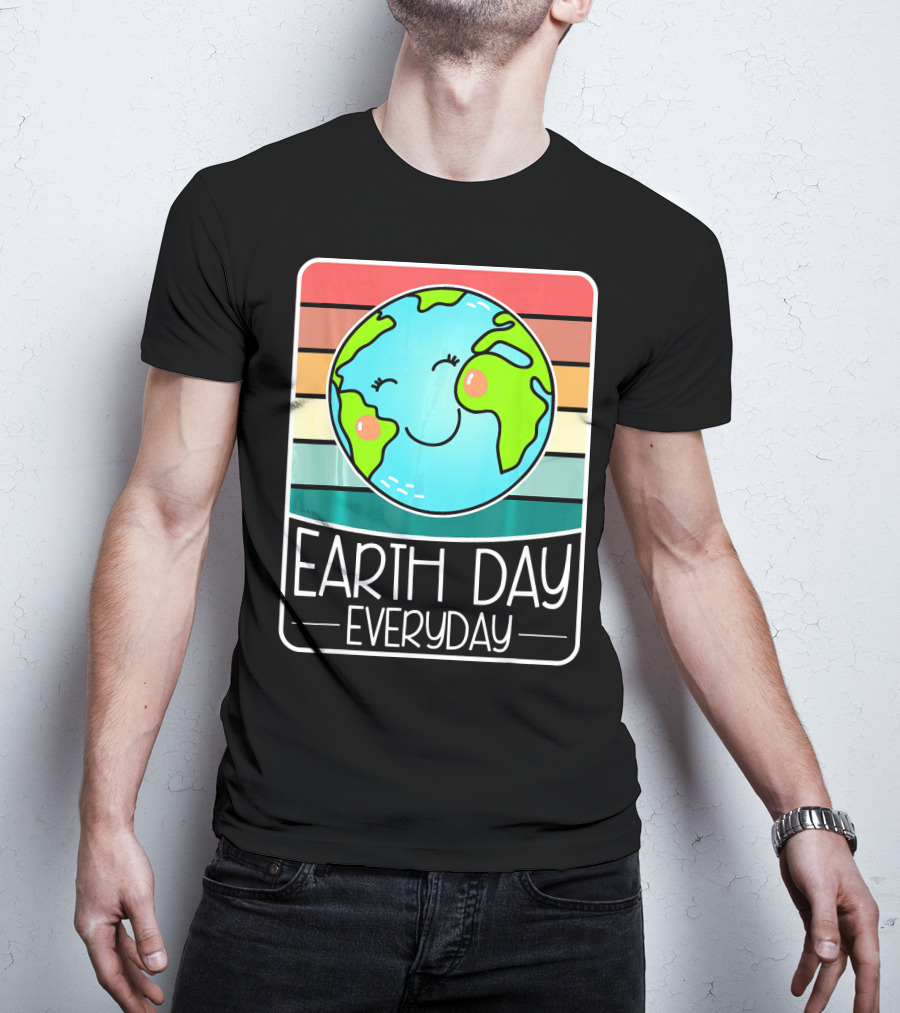 Earth Day Everyday Smiling Earth On Retro Stripes T-Shirt