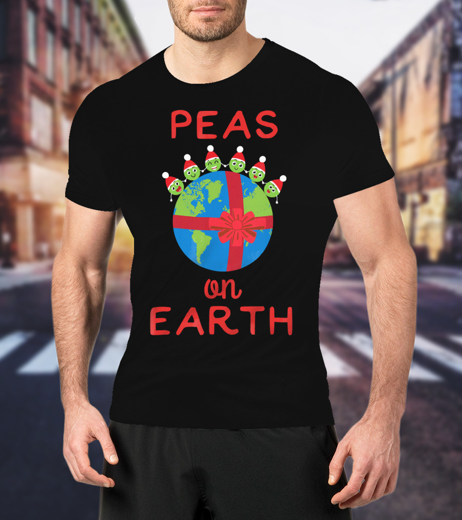 Peas On Earth World Peace Vegetables Santa Hat Planet Gift Bow T-Shirt
