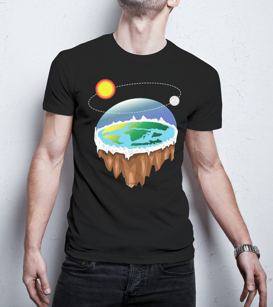 Flat Earth Ice Wall With Floating Sun And Moon Elements T-Shirt