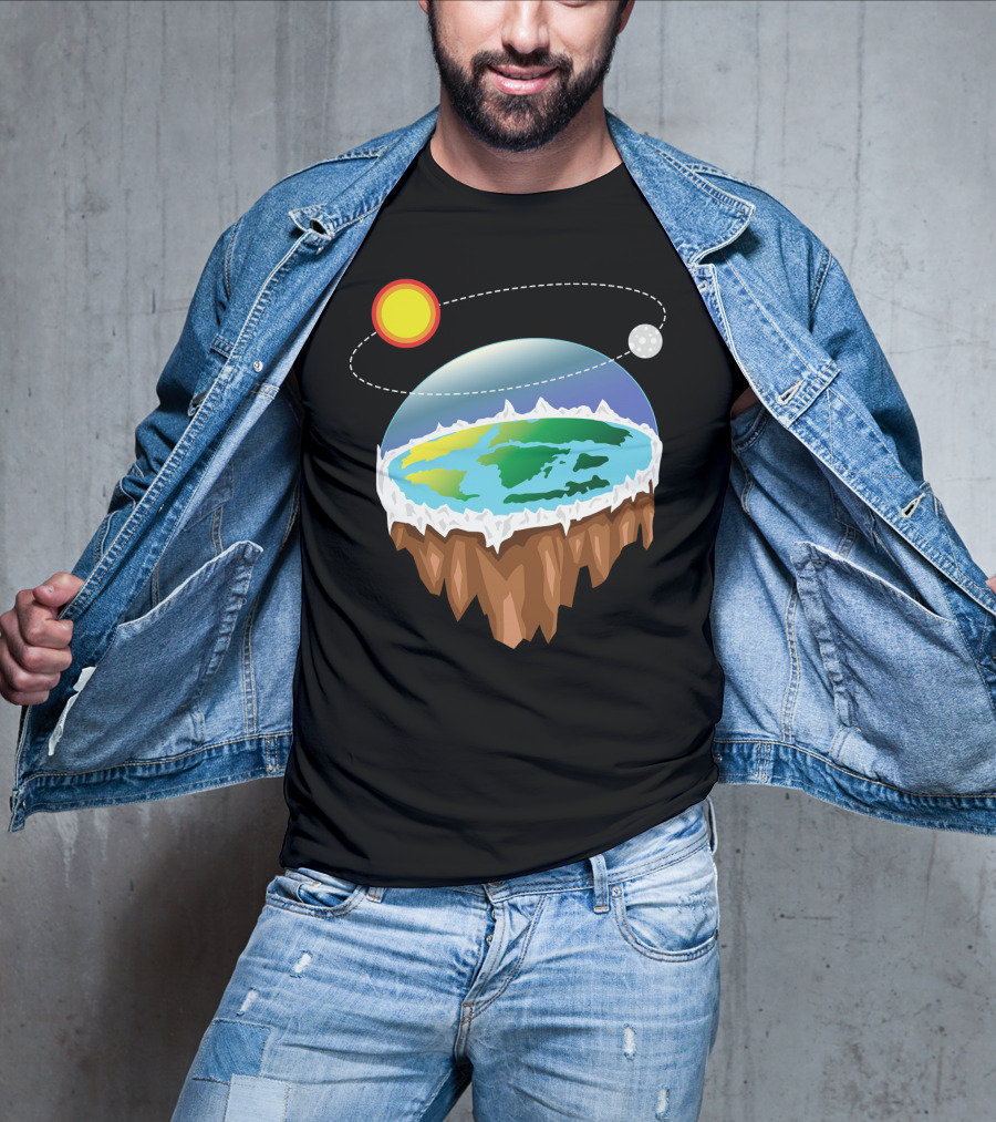 Flat Earth Ice Wall With Floating Sun And Moon Elements T-Shirt