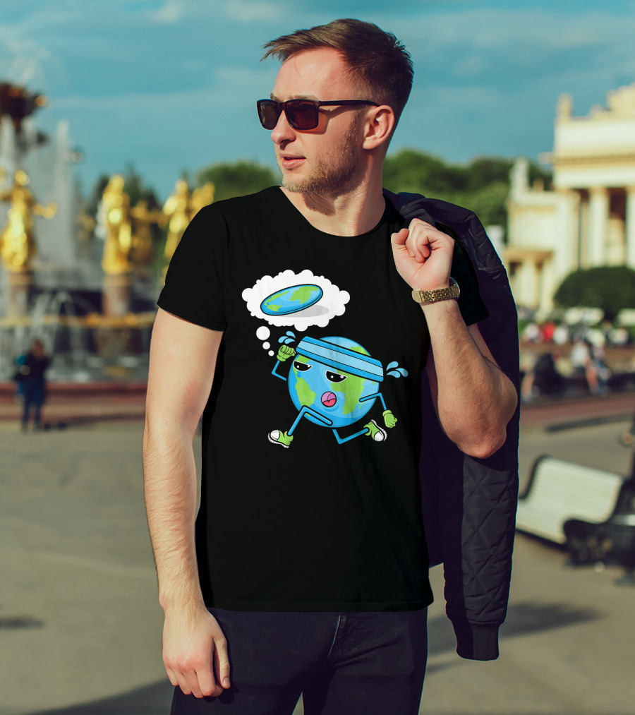 Flat Earth Gym Runner Cartoon With Sweatband And Sneakers T-Shirt