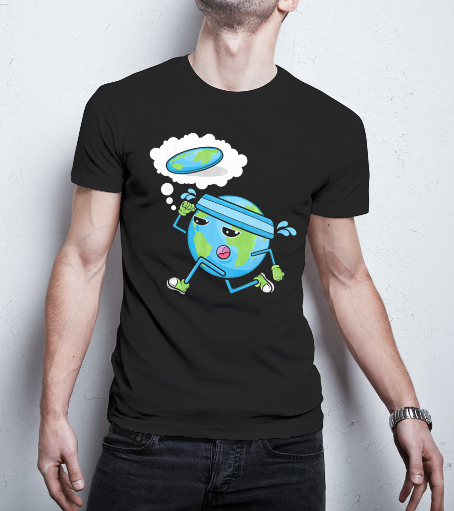 Flat Earth Gym Runner Cartoon With Sweatband And Sneakers T-Shirt