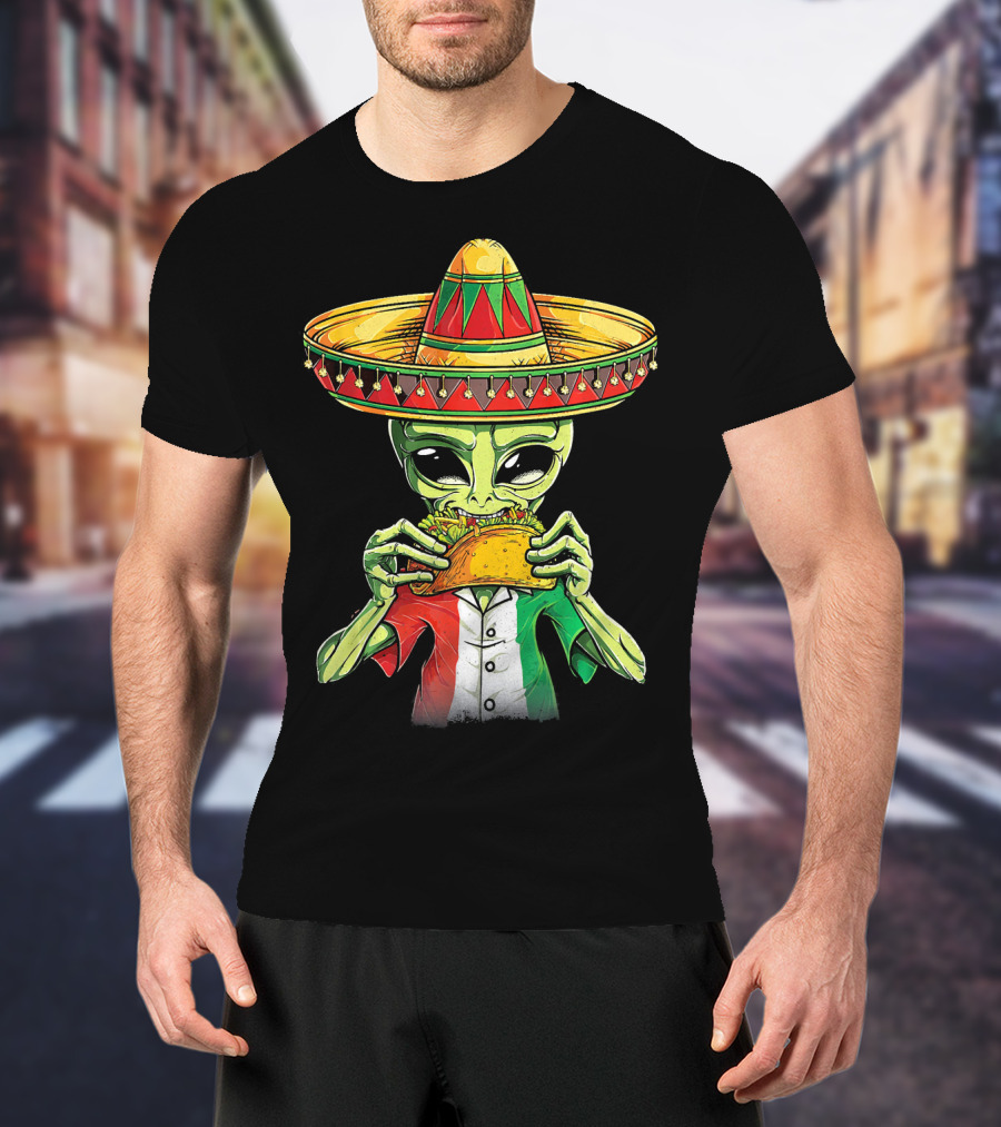 Cinco De Mayo Alien With Sombrero Eating Taco T-Shirt