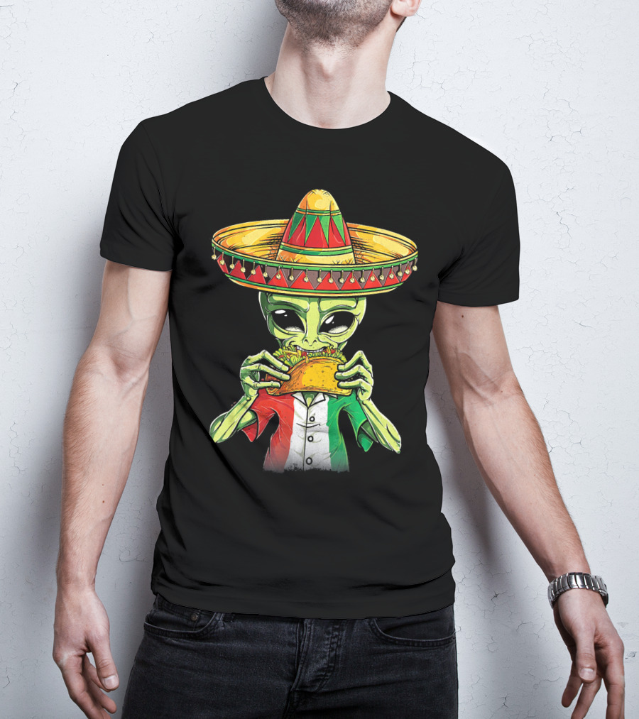 Cinco De Mayo Alien With Sombrero Eating Taco T-Shirt