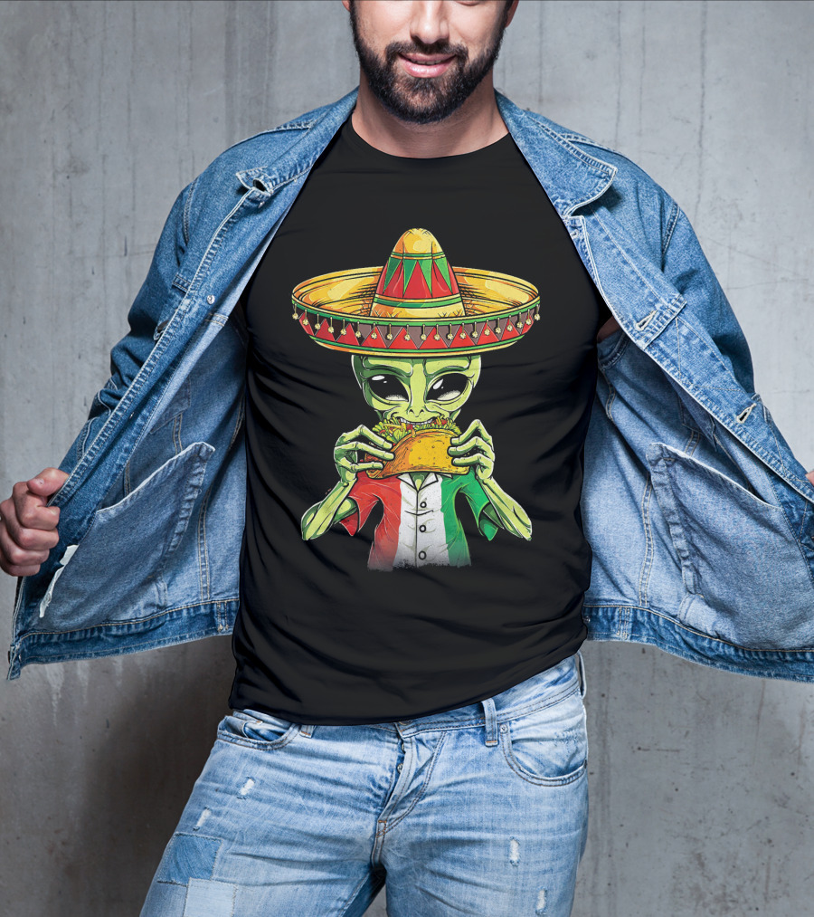 Cinco De Mayo Alien With Sombrero Eating Taco T-Shirt