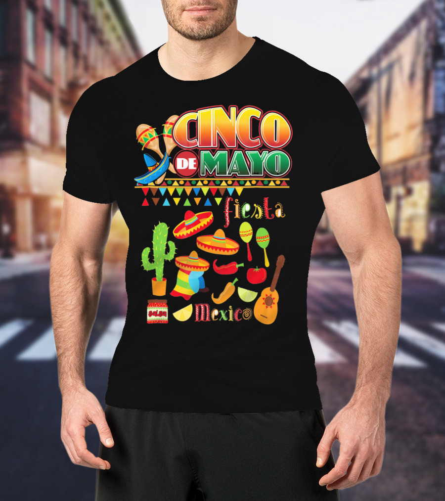 Cinco De Mayo Fiesta Mexico Cactus Sombrero Maracas Guitar Lime Chilli Peppers Icons T-Shirt