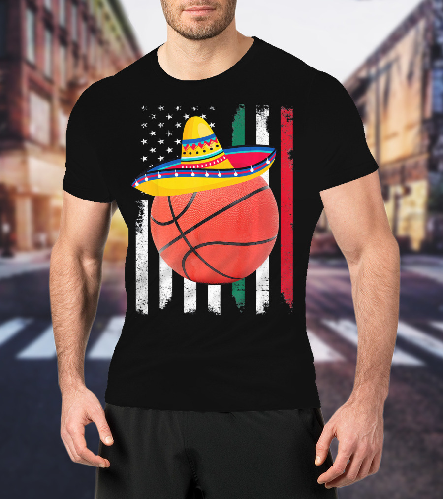 Cinco De Mayo Basketball Sombrero USA Mexico Flag T-Shirt