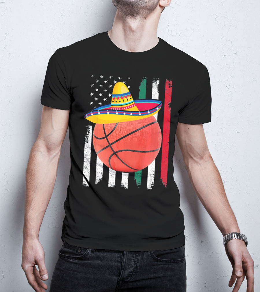 Cinco De Mayo Basketball Sombrero USA Mexico Flag T-Shirt