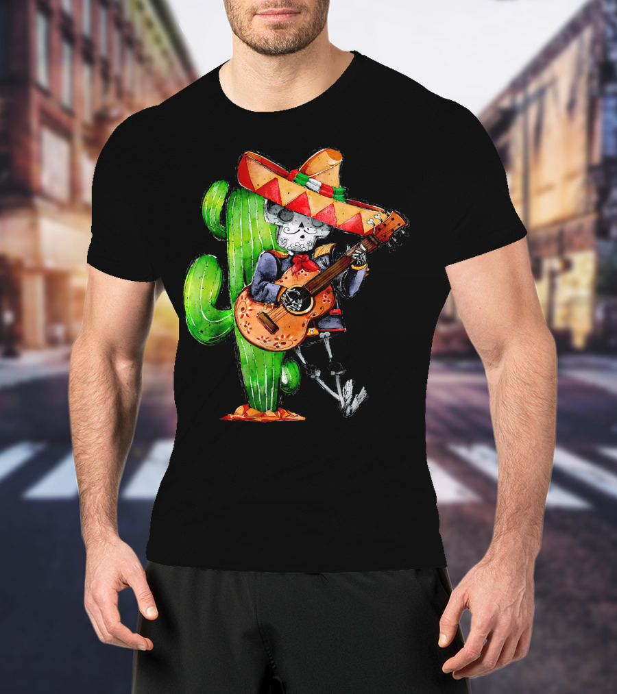 Mexican Independence Cinco De Mayo Mariachi Skeleton With Sombrero And Guitar T-Shirt
