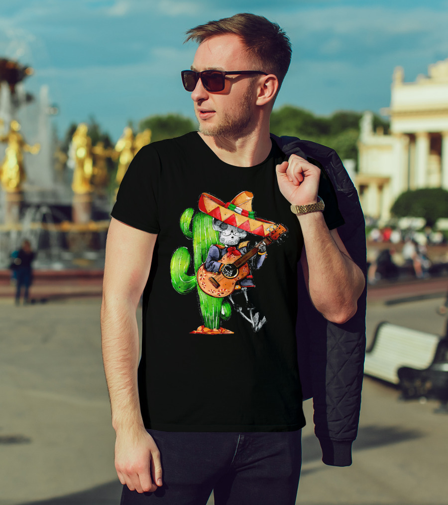 Mexican Independence Cinco De Mayo Mariachi Skeleton With Sombrero And Guitar T-Shirt