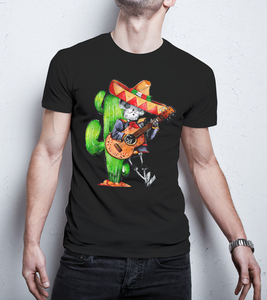 Mexican Independence Cinco De Mayo Mariachi Skeleton With Sombrero And Guitar T-Shirt