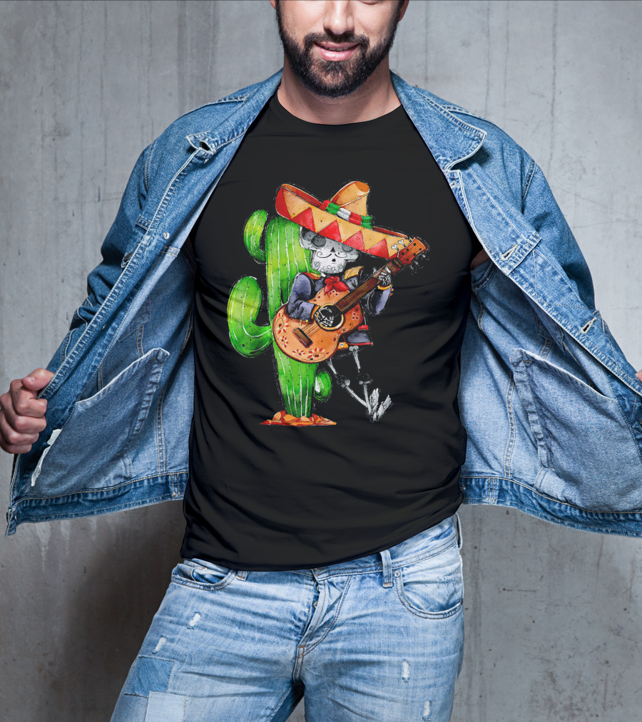 Mexican Independence Cinco De Mayo Mariachi Skeleton With Sombrero And Guitar T-Shirt
