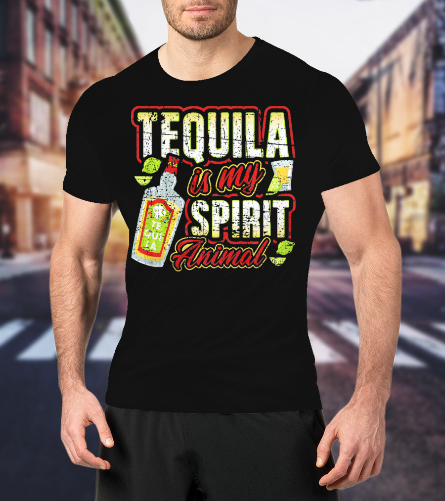 Tequila Is My Spirit Animal Tequila Bottle Lime And Glass T-Shirt