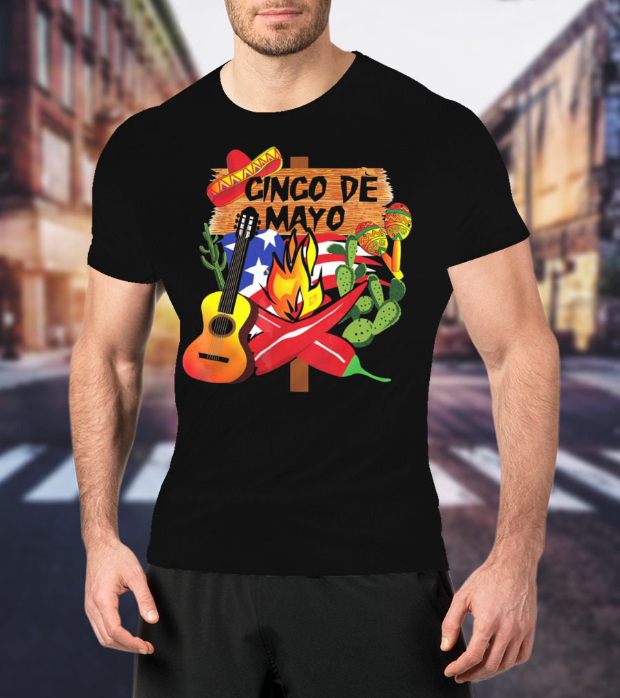 Cinco De Mayo America Loves Mexico With Sombrero Guitar Peppers Cactus And Maracas T-Shirt
