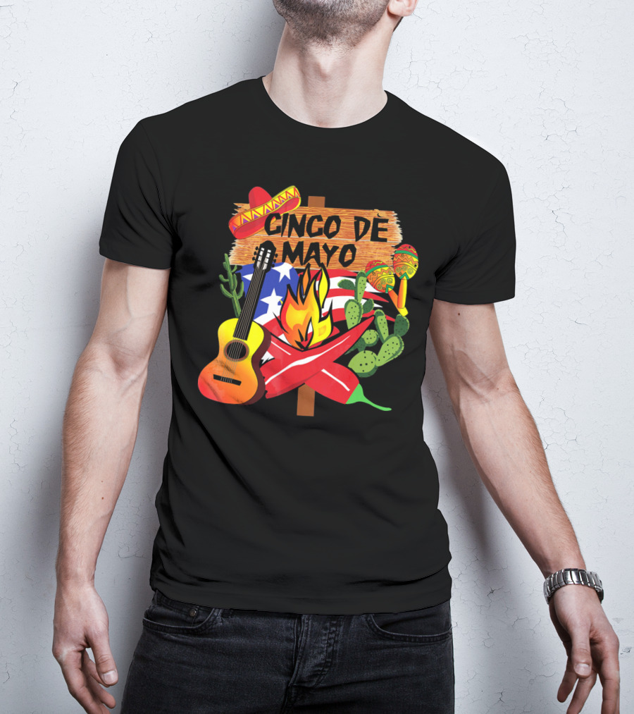 Cinco De Mayo America Loves Mexico With Sombrero Guitar Peppers Cactus And Maracas T-Shirt
