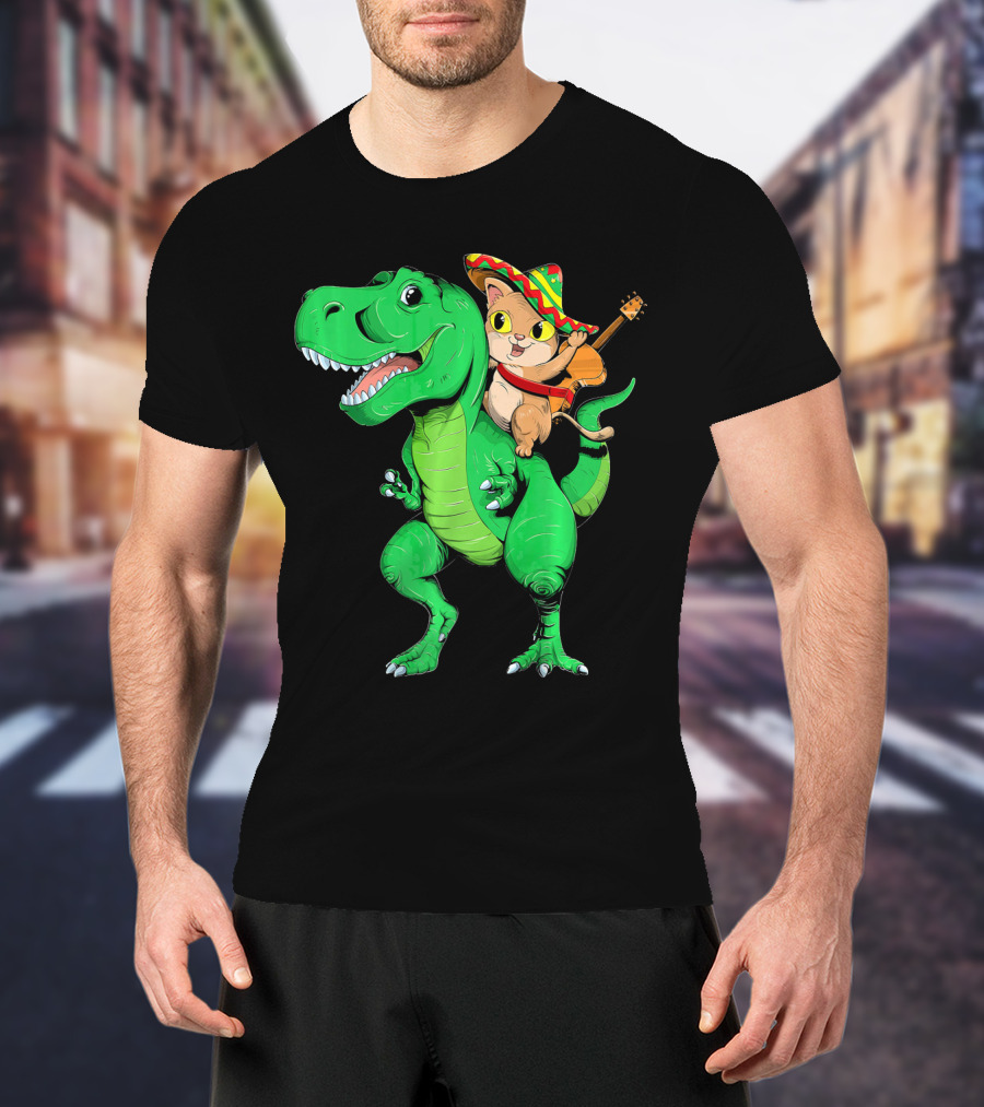 Cinco De Mayo Cat With Sombrero Riding T-Rex T-Shirt