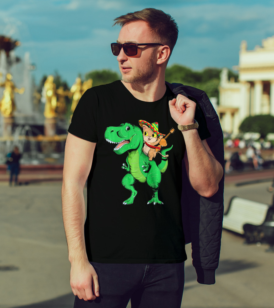 Cinco De Mayo Cat With Sombrero Riding T-Rex T-Shirt