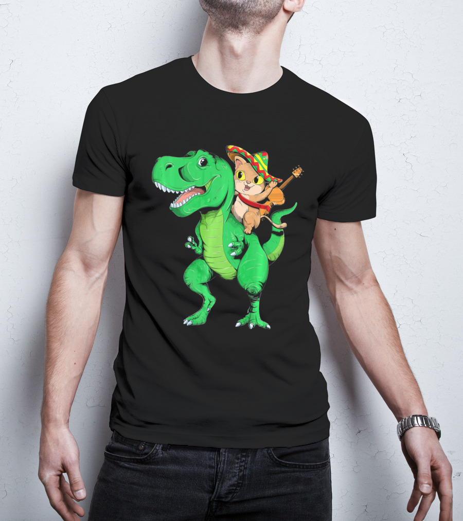 Cinco De Mayo Cat With Sombrero Riding T-Rex T-Shirt