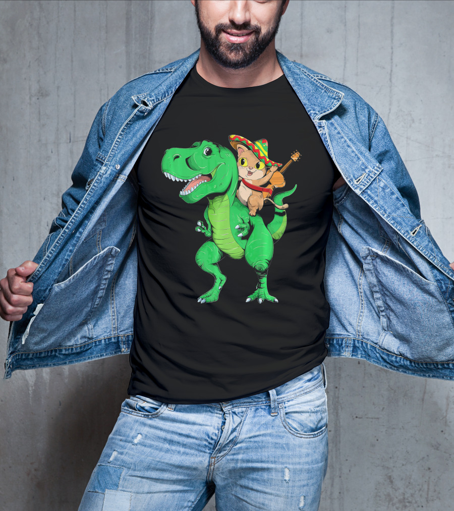 Cinco De Mayo Cat With Sombrero Riding T-Rex T-Shirt