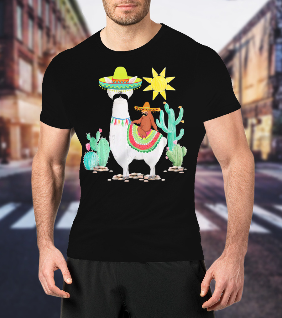 Funny Cinco De Mayo Sloth Riding Llama With Sombrero And Cactus Scene T-Shirt