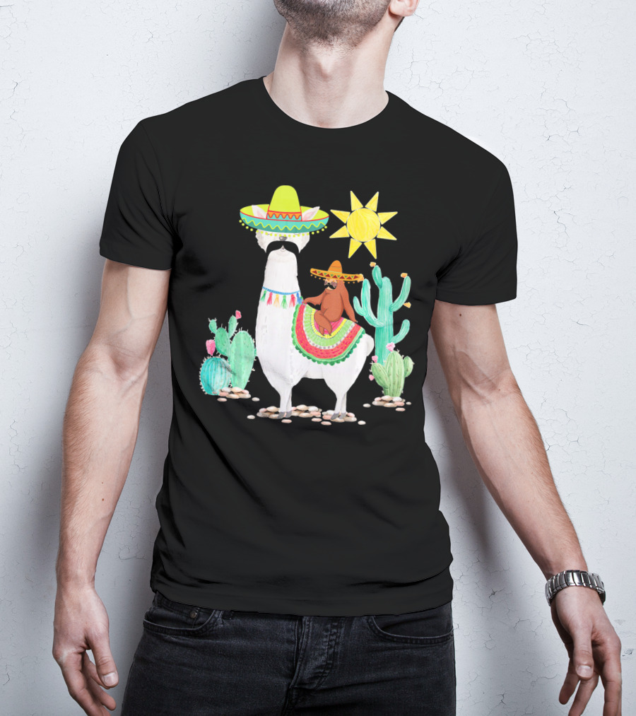 Funny Cinco De Mayo Sloth Riding Llama With Sombrero And Cactus Scene T-Shirt