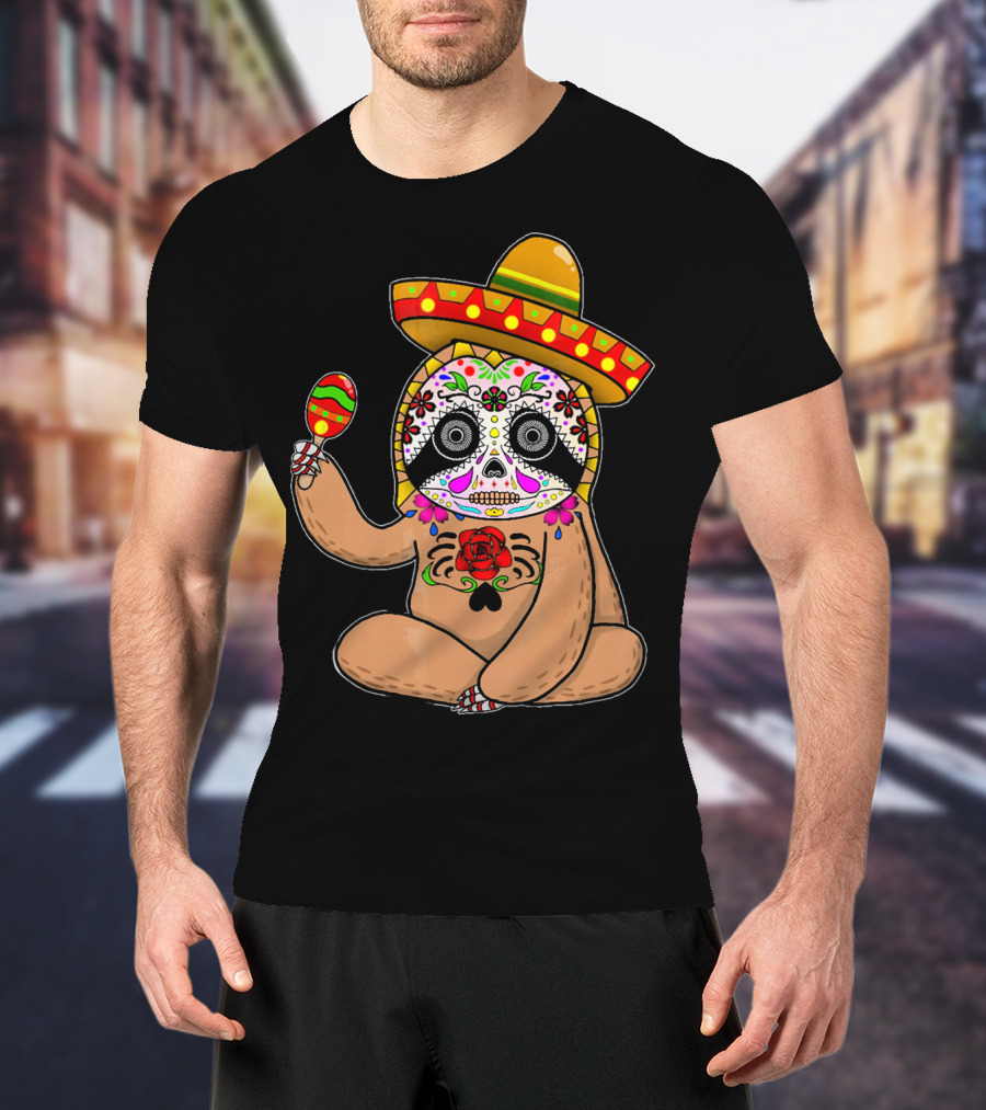 Cinco De Mayo Sloth Day Of The Dead Sombrero Maracas T-Shirt
