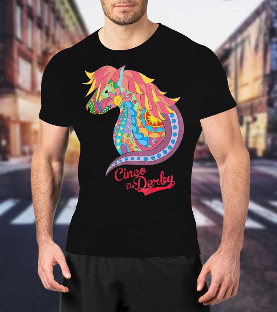 Cinco De Derby Colorful Horse Motif T-Shirt