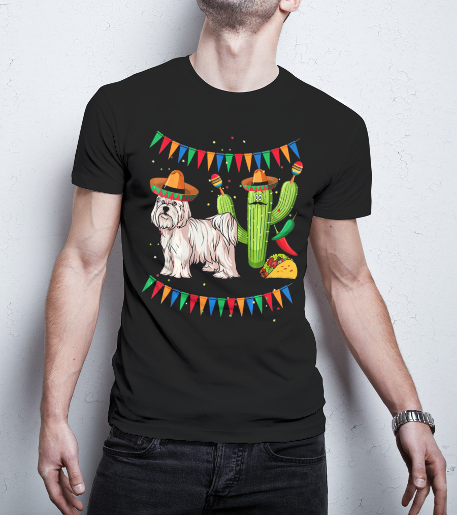 Maltese Dog Sombrero Mexico Cinco De Mayo Cactus Taco Fiesta T-Shirt