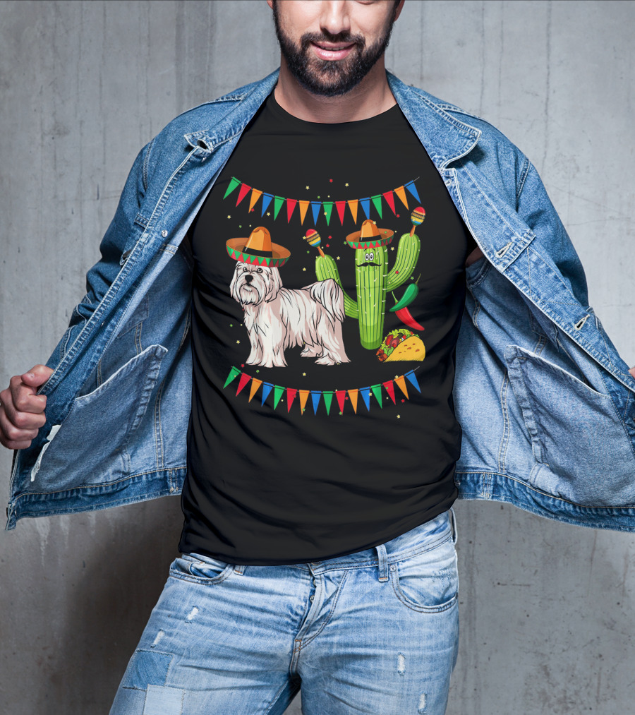 Maltese Dog Sombrero Mexico Cinco De Mayo Cactus Taco Fiesta T-Shirt