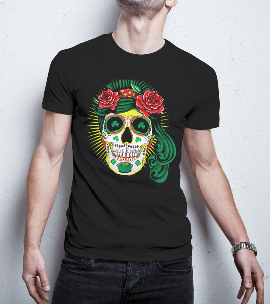 Cinco De Mayo St Patricks Day Shamrock Skull Roses T-Shirt