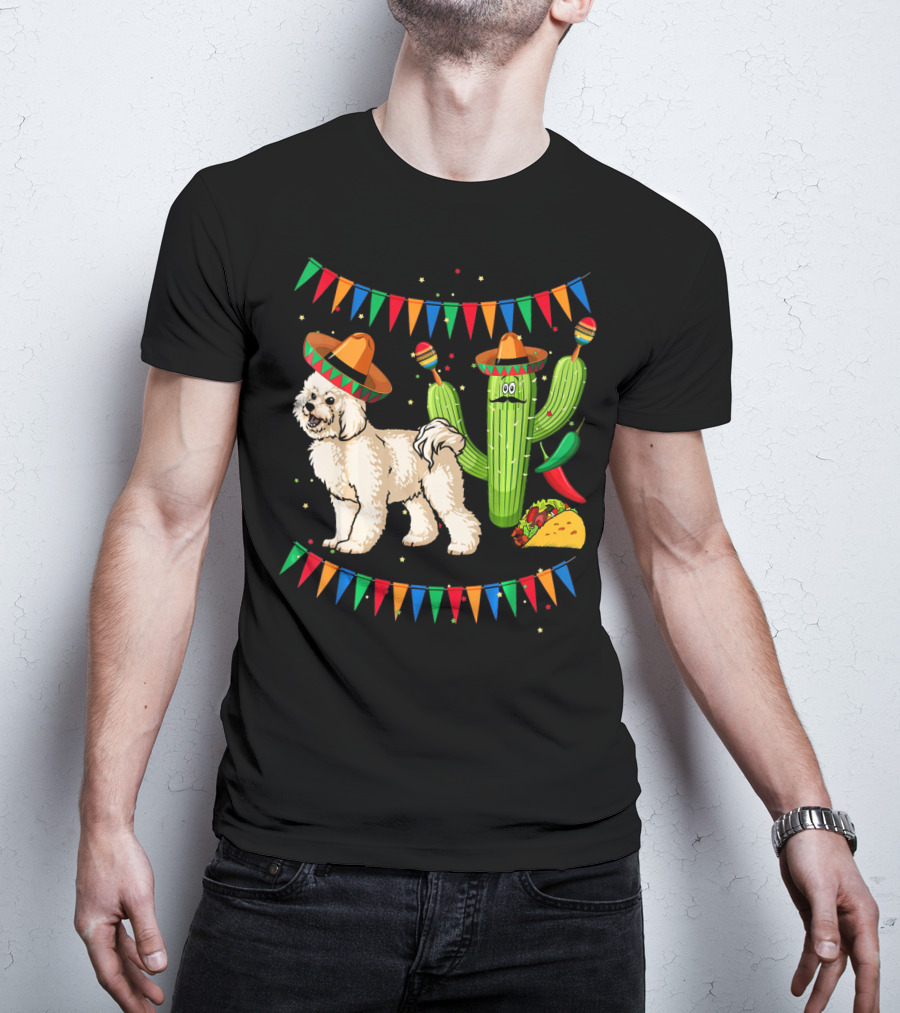 Sombrero Bichon Frise Dog And Cactus With Maracas Mexico Cinco Fiesta T-Shirt