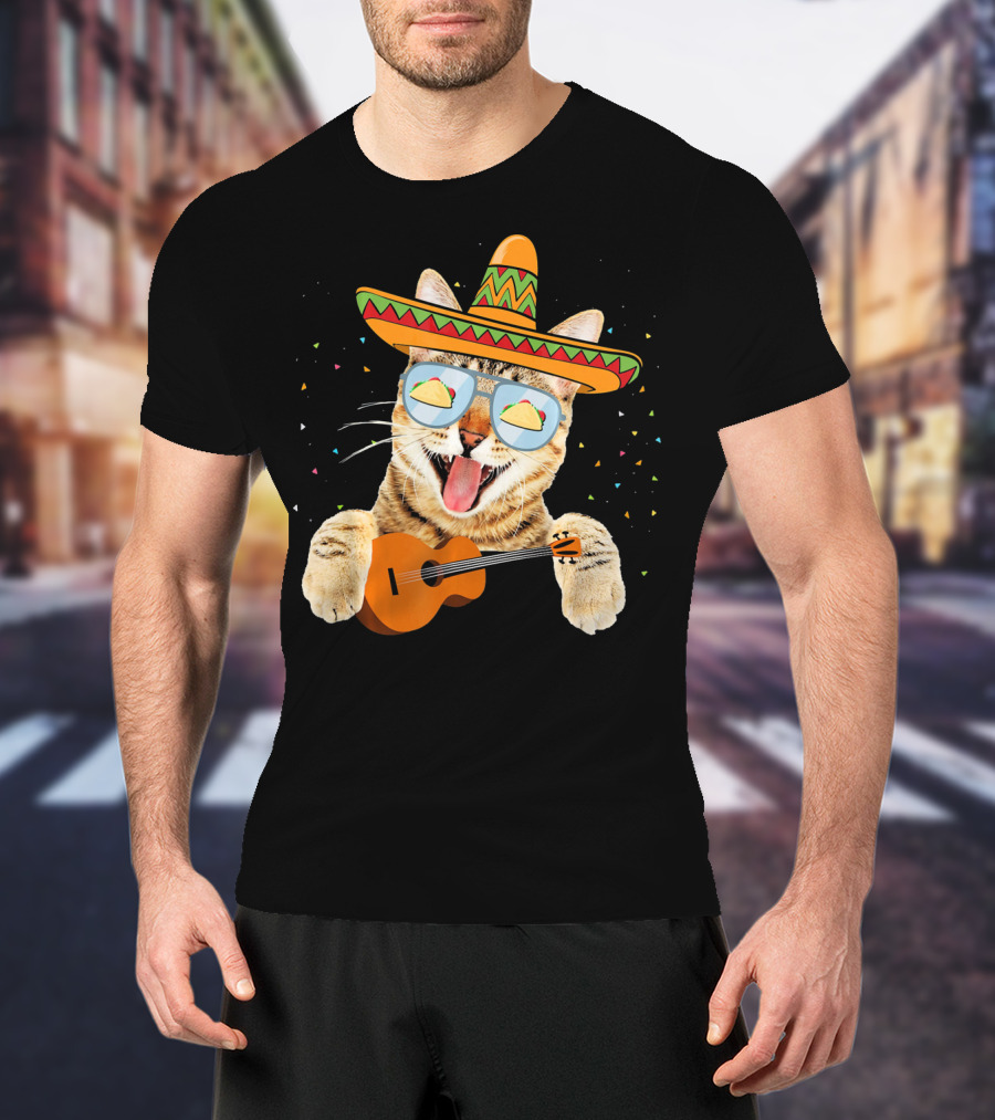 Cinco De Mayo Cat With Sombrero And Guitar T-Shirt