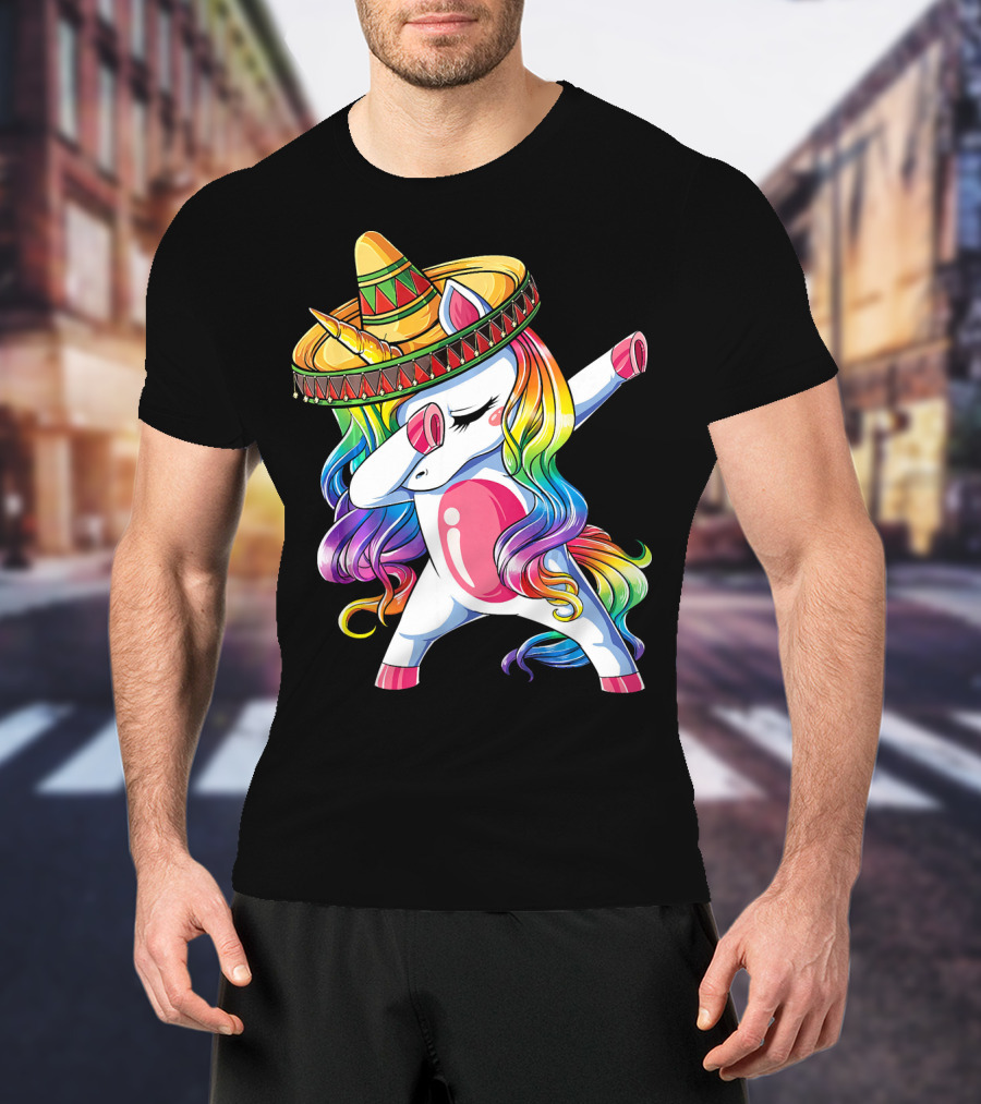 Dabbing Rainbow Unicorn With Sombrero Funny Cinco De Mayo T-Shirt