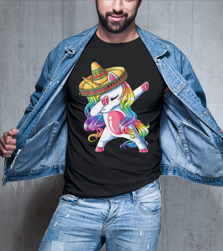 Dabbing Rainbow Unicorn With Sombrero Funny Cinco De Mayo T-Shirt