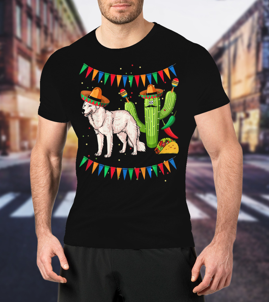Sombrero Kuvasz Dog Mexican Fiesta With Cactus And Taco Cinco De Mayo T-Shirt